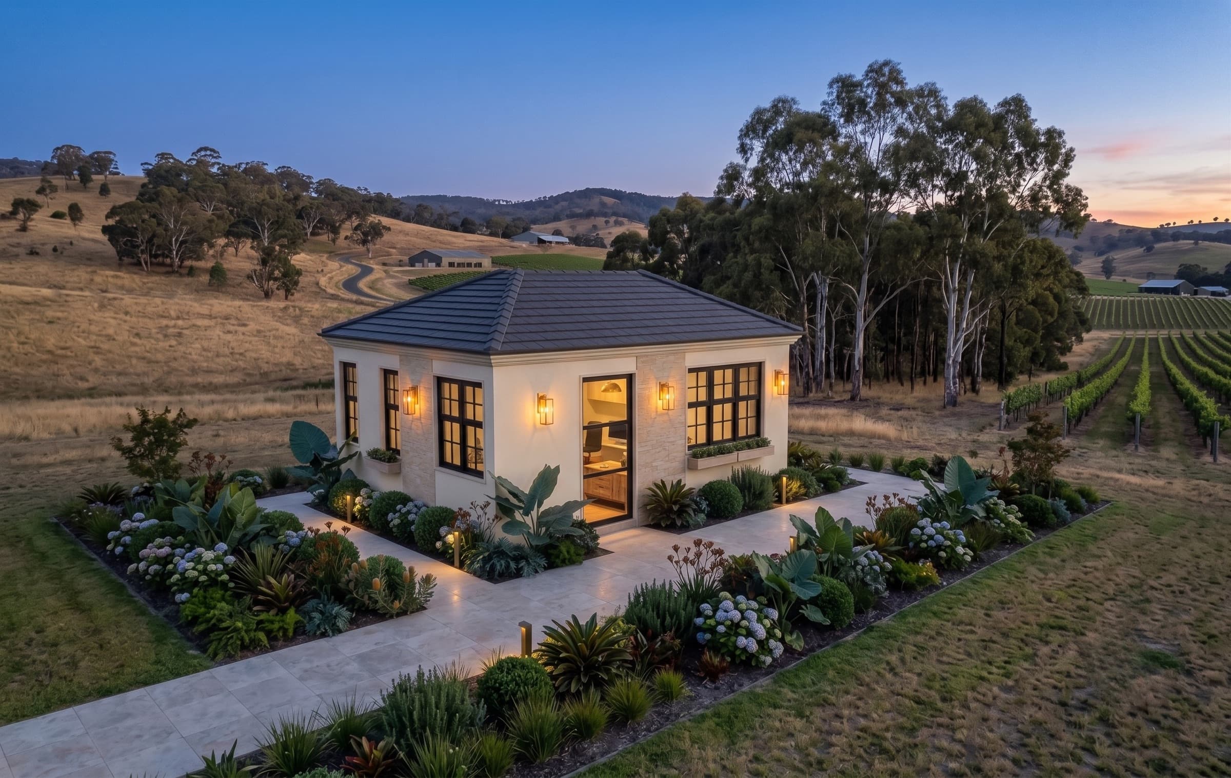 Artist's impression — aerial view of a rural block suited to an Elementa home. Indicative only.