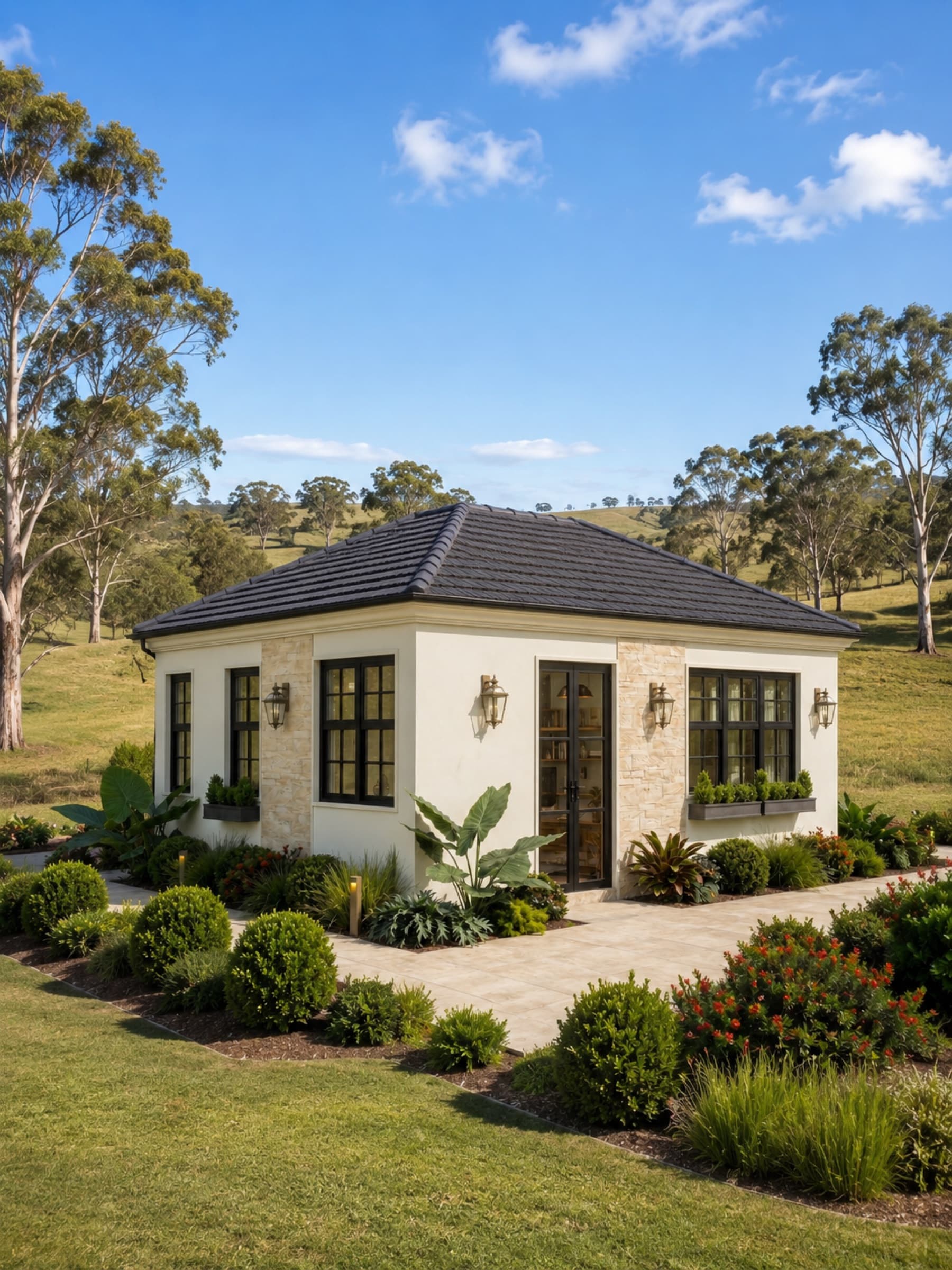 Artist's impression of the Elementa Studio — a compact pavilion home with a pitched roof and black-framed glazing, finished in pale cladding. Indicative only.