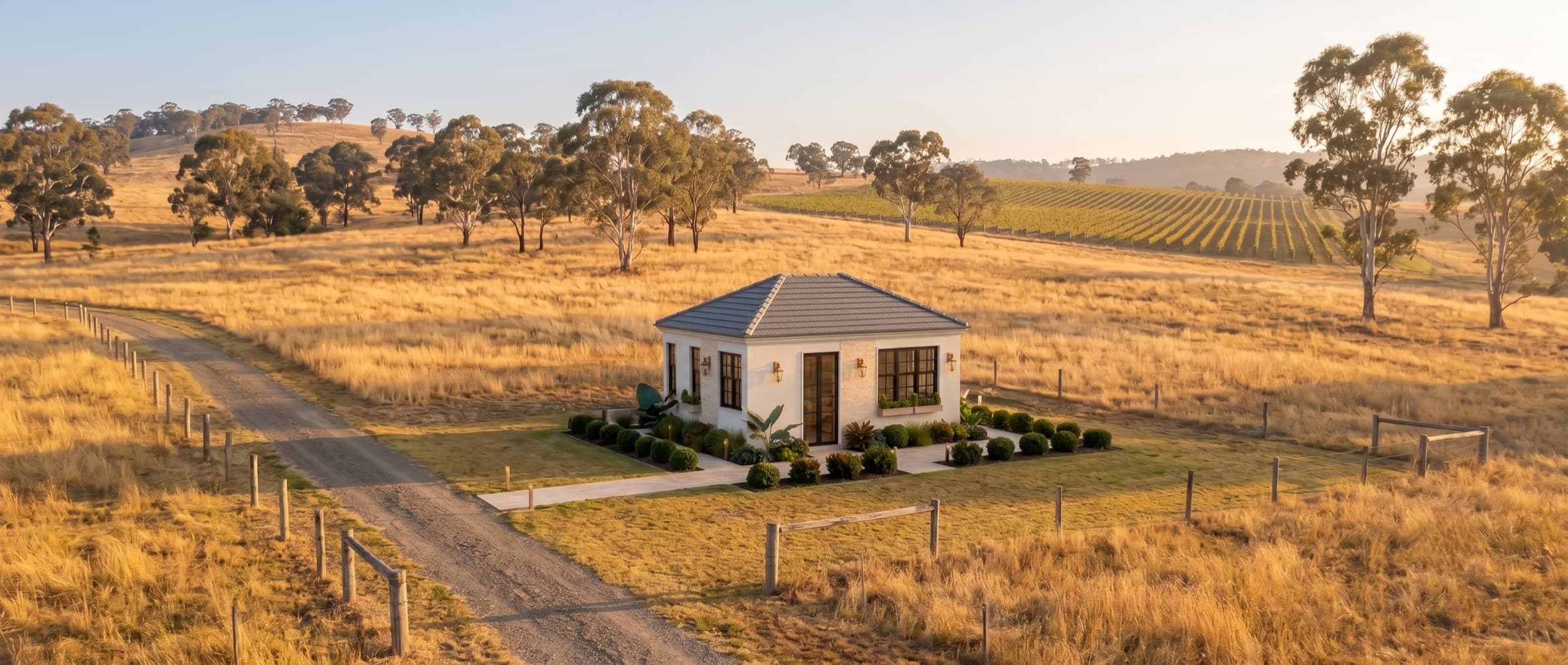 Artist's impression of a finished Elementa home sited on a landowner's block in the Australian landscape. Indicative only.