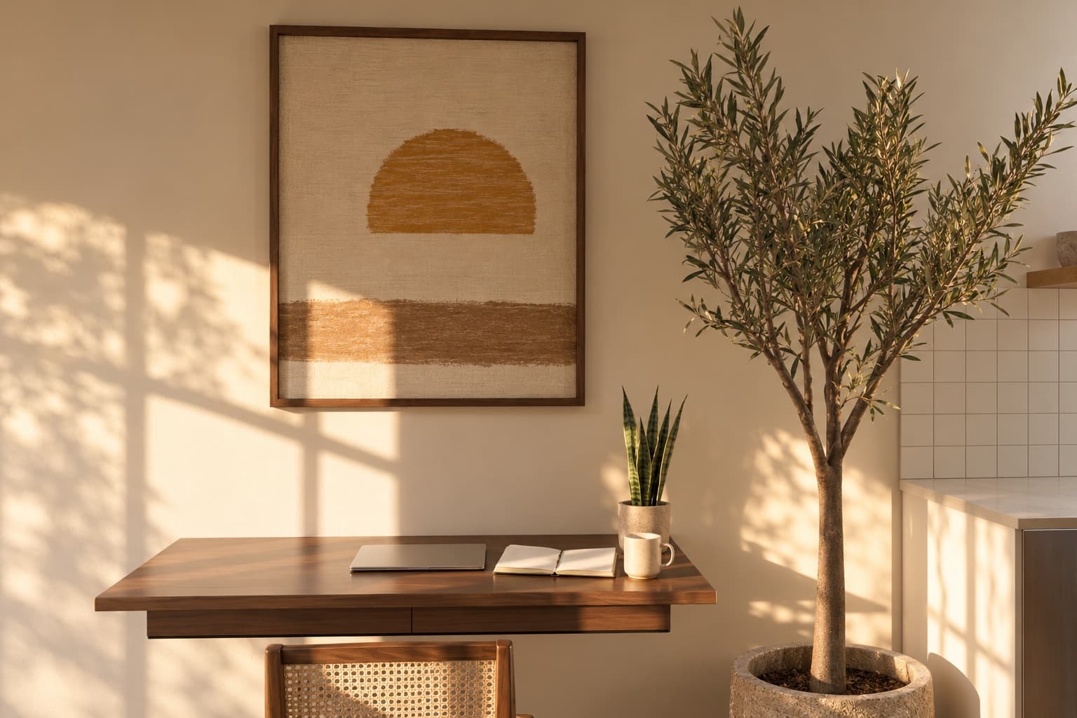 A desk corner in the Elementa Studio: a walnut desk with a laptop, notebook and mug, a cane chair, a framed sunset print and an olive tree in a stone pot, in late-afternoon light.