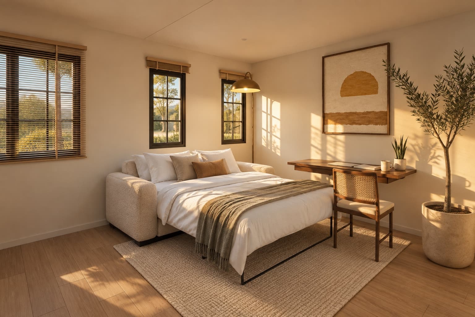 Artist's impression — the Elementa Studio set up for guests: the sofa bed opened out and made up in white linen with a woven throw, a timber desk and cane chair beside it, and garden light through black-framed windows.