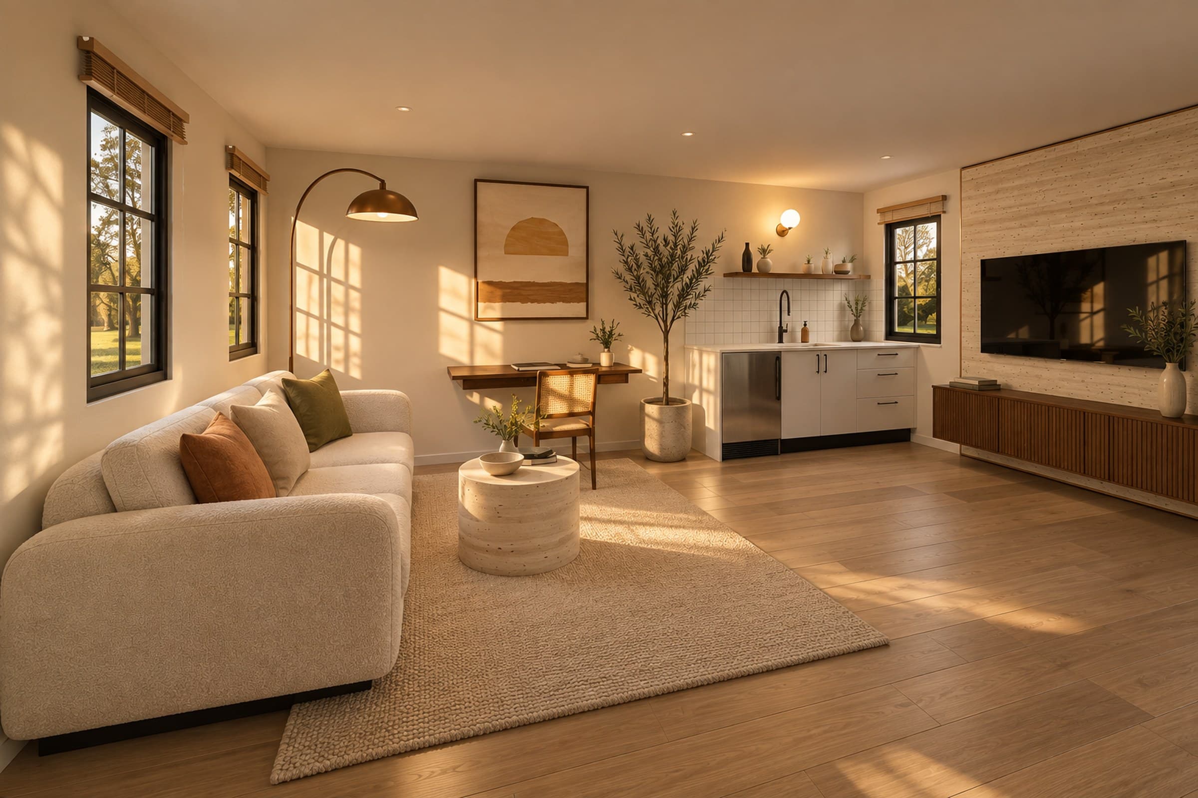 Artist's impression — the Elementa Studio inside: a sofa on a rug, a desk and chair against the far wall, and late-afternoon light across the floor.