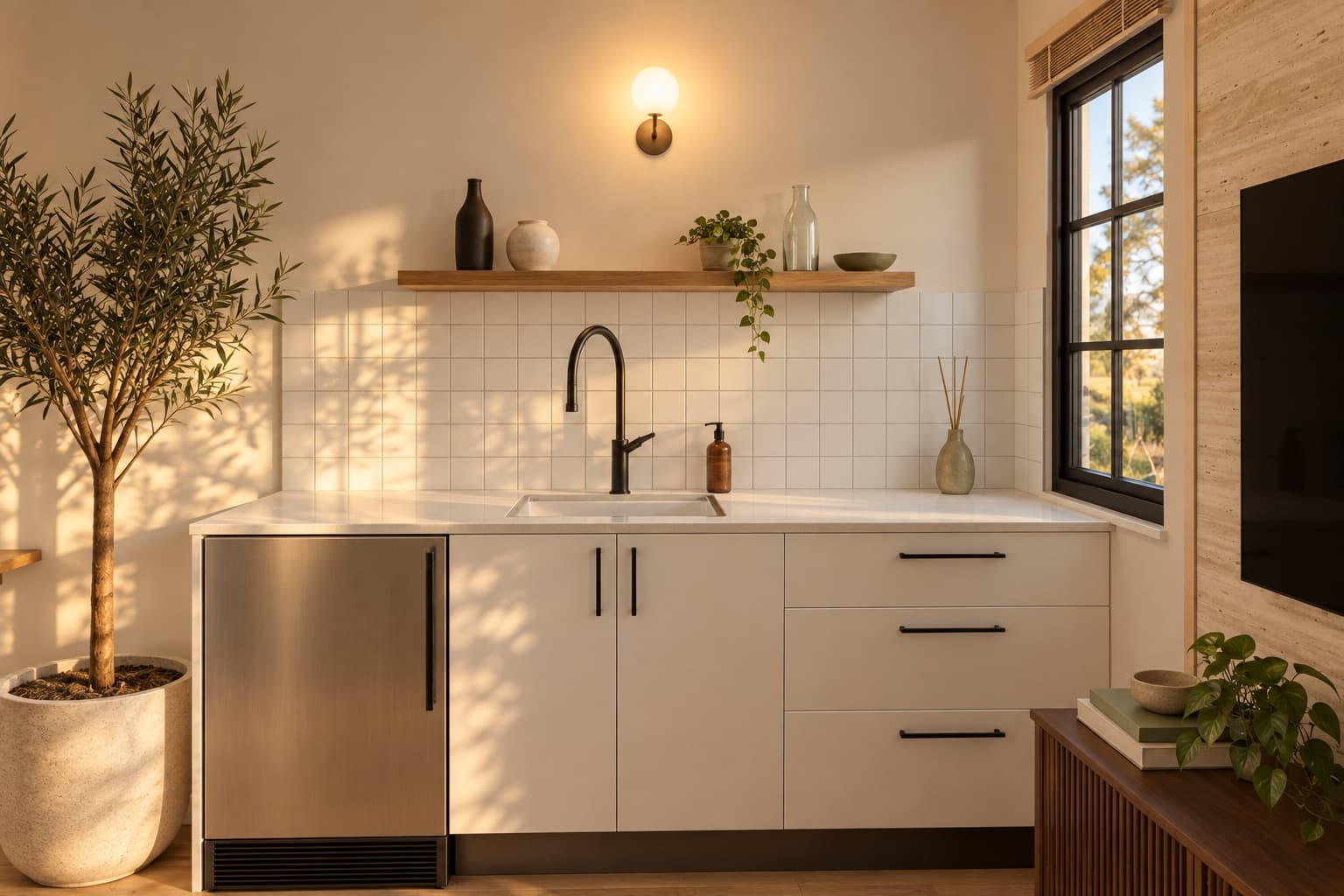 Artist's impression — the sink wall in the Elementa Studio: white cabinetry and benchtop with a black mixer tap, a timber shelf under a wall light, and a black-framed window onto the garden.